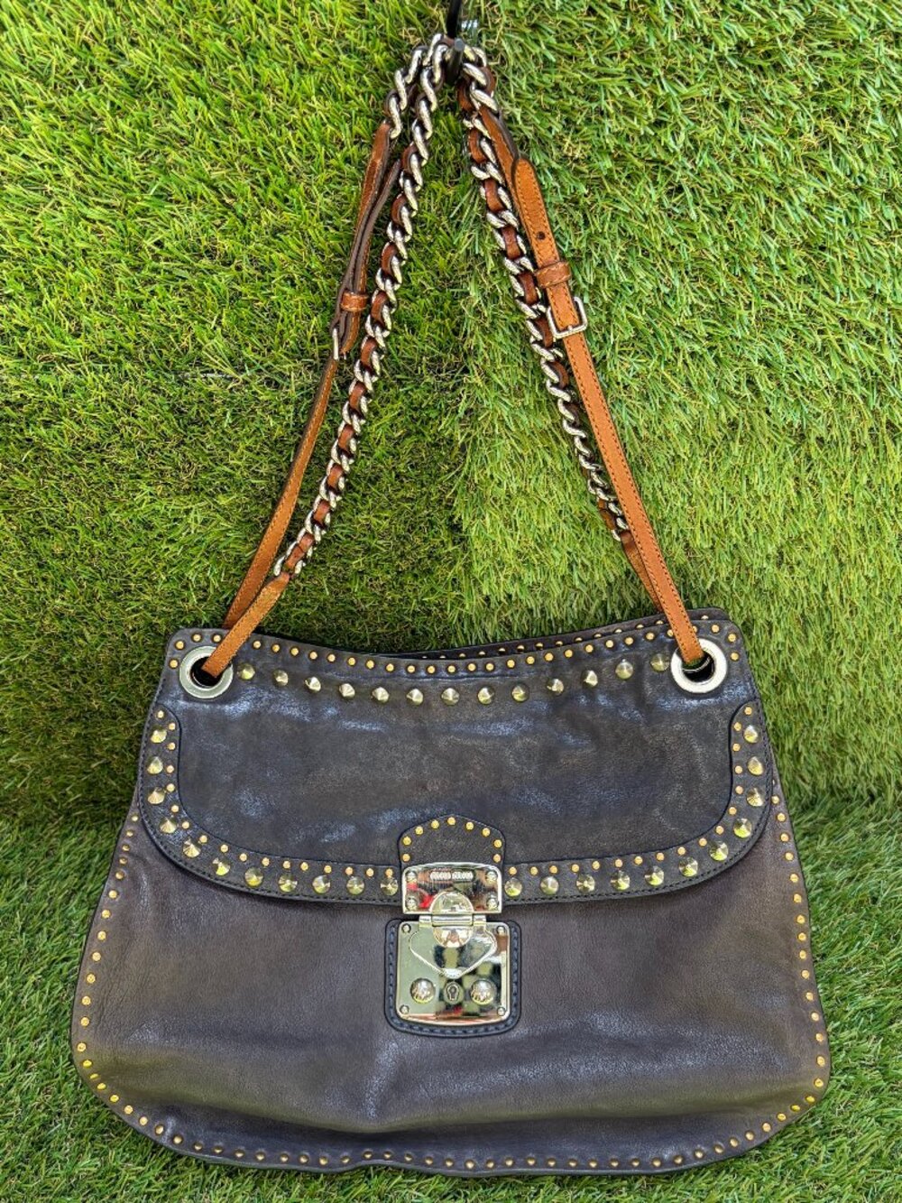 Miu Miu Studded Leather Shoulder Bag - Black - Picture 8 of 14